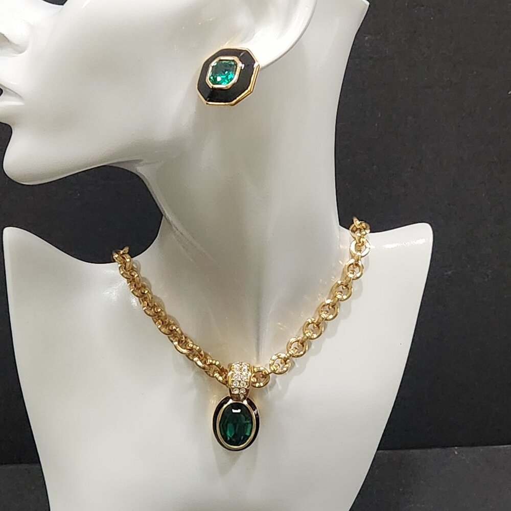 NWT Vintage 90s Monet Black Enamel/Green Rhinestone Clip Earring & Necklace Set